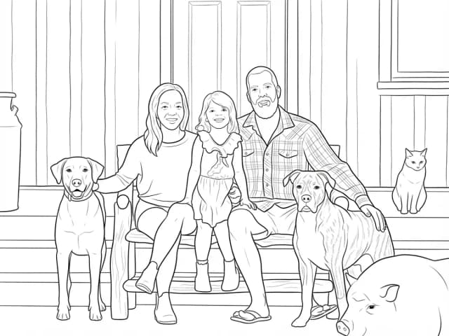 The same family photo turned into a coloring page