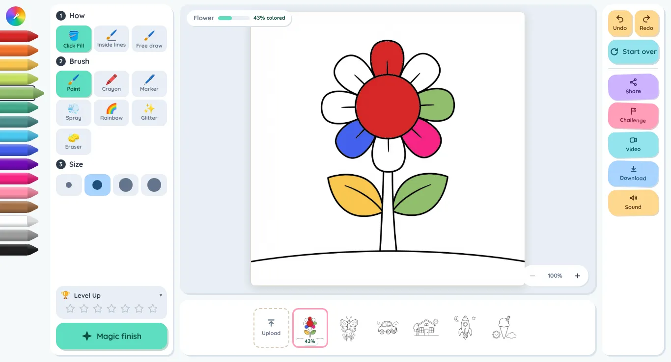 The online coloring studio on a laptop: a flower page half colored in red, blue, pink, yellow and green, with the crayon box on the left, the How, Brush and Size tools, and Undo, Redo, Share and Download buttons on the right