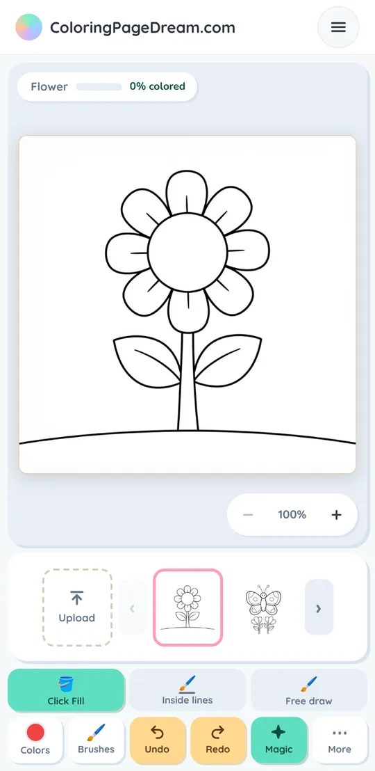 The coloring studio on a phone: the picture fills the screen, with Click Fill, Inside lines and Free draw above a bottom bar of Colors, Brushes, Undo, Redo, Magic and More