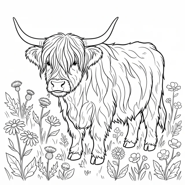 Detailed line art of a shaggy highland cow among wildflowers