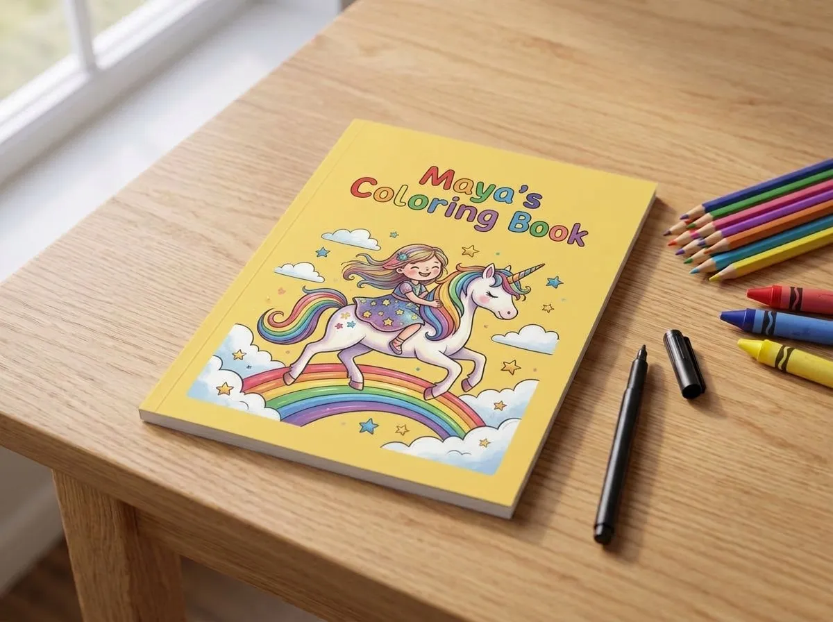 A printed coloring book titled Maya's Coloring Book with a bright yellow cover showing a girl riding a unicorn over a rainbow, lying on a wooden table beside colored pencils, crayons and a felt-tip pen