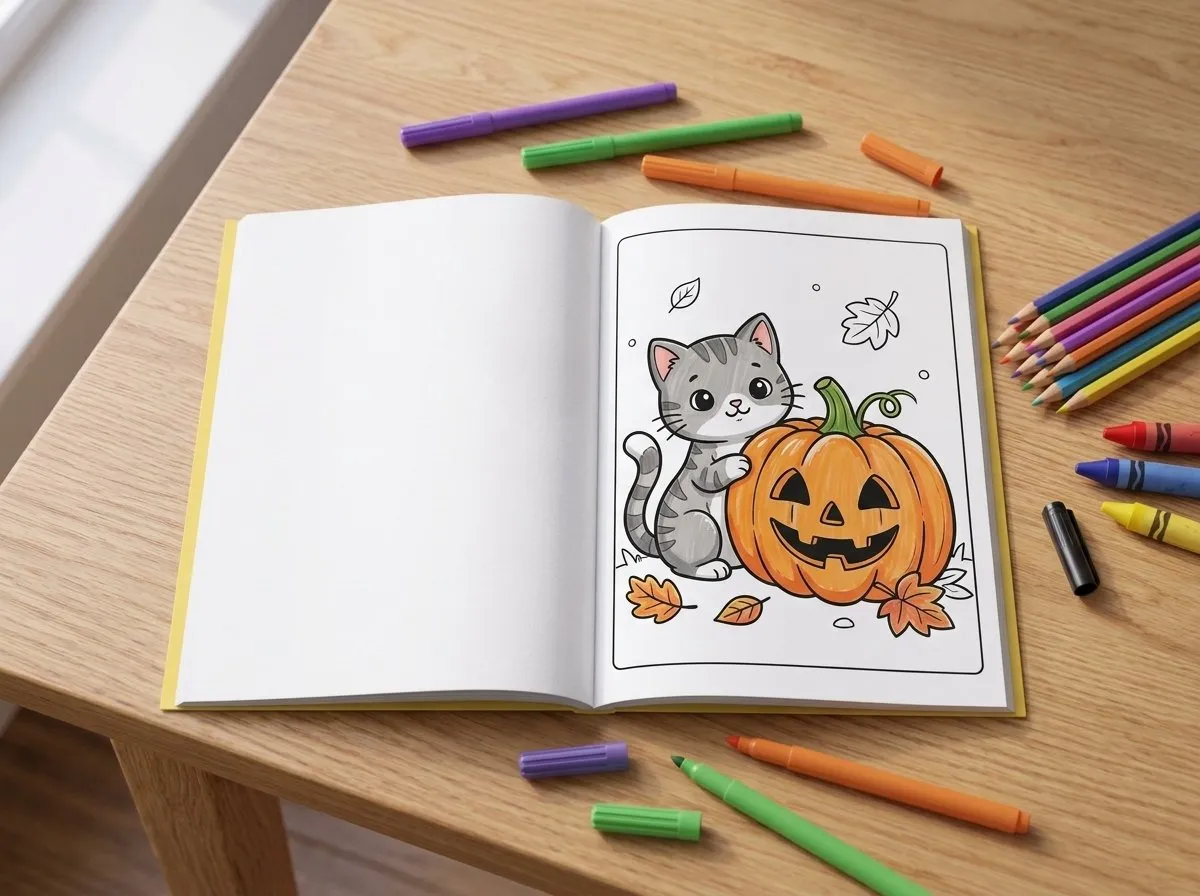 The printed coloring book open flat on an oak table, a cat and pumpkin page colored in, with felt tips, pens and crayons around