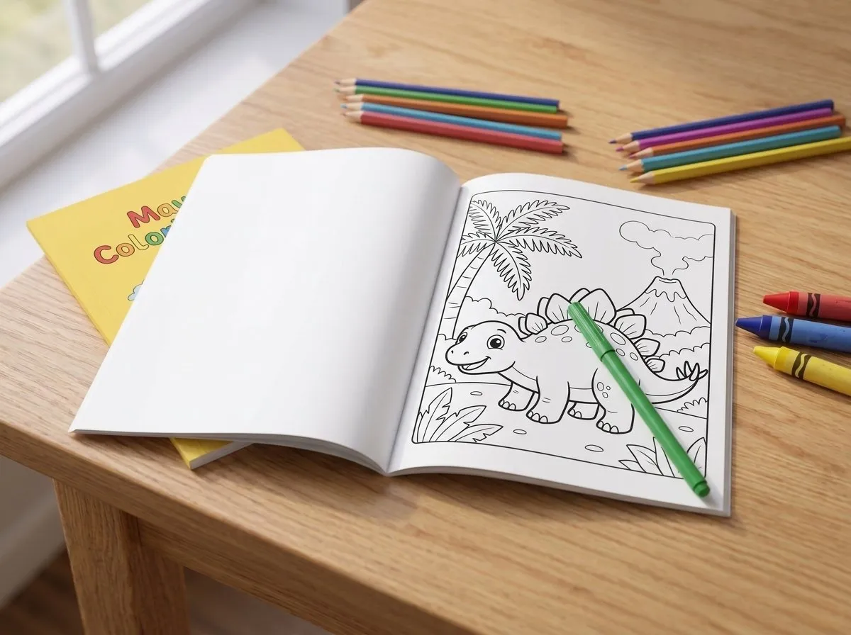 The printed coloring book lying open on a dinosaur page still in line art, a green pen resting on it and the yellow cover peeking out underneath