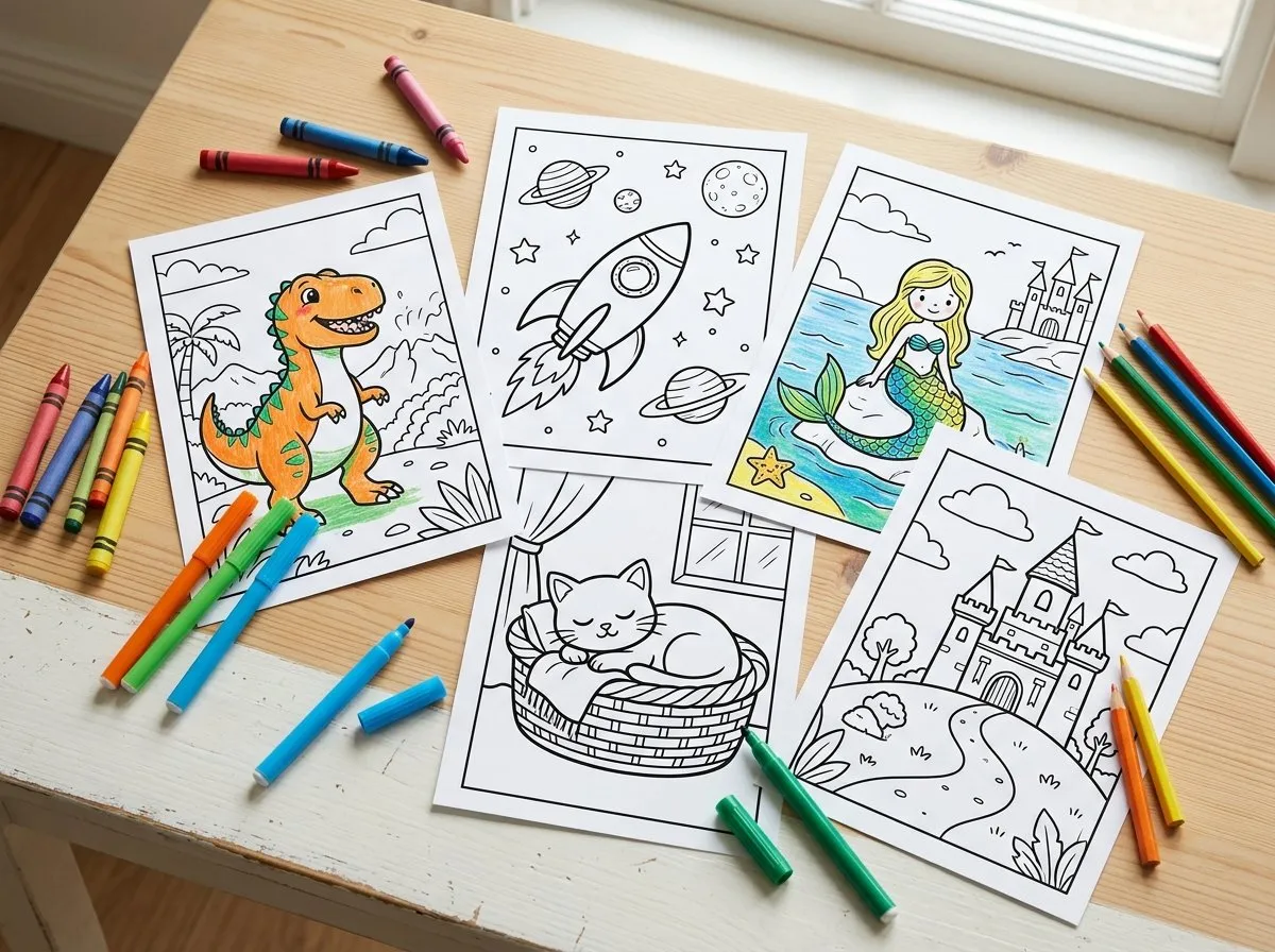Five different coloring pages - a dinosaur, a rocket, a mermaid, a sleeping cat and a castle - scattered on a white table with crayons and felt-tip pens