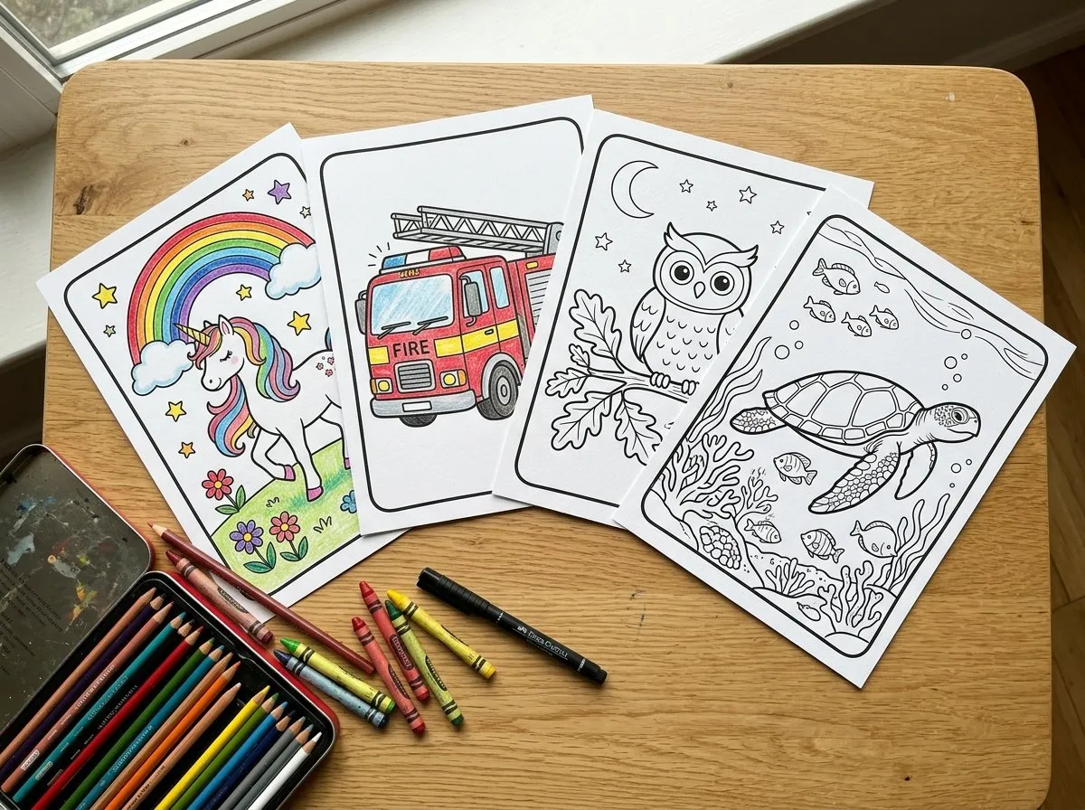Four coloring pages - a unicorn, a fire truck, an owl and a sea turtle - fanned out on a wooden table beside a tin of colored pencils