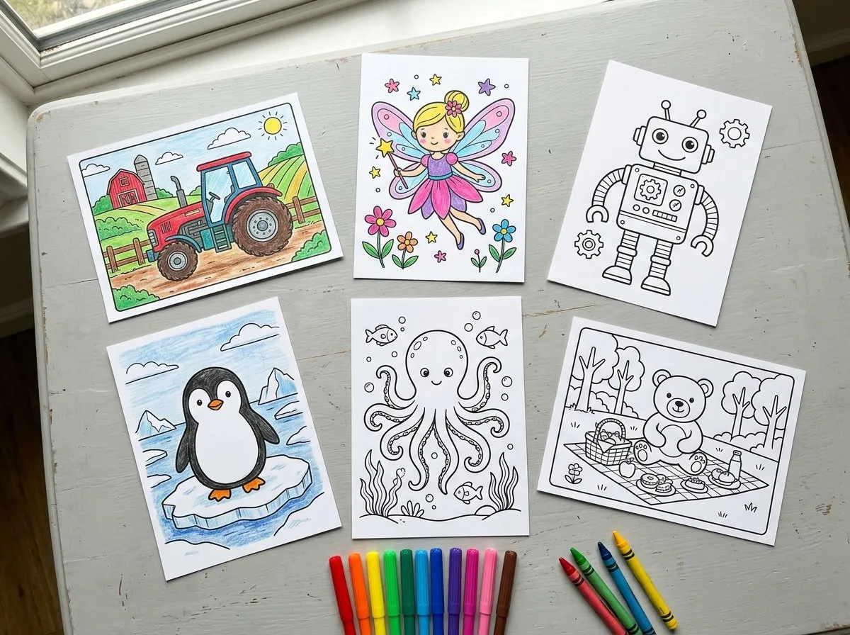 Six coloring pages - a tractor, a fairy, a robot, a penguin, an octopus and a teddy bear picnic - laid out on a gray table, half colored in