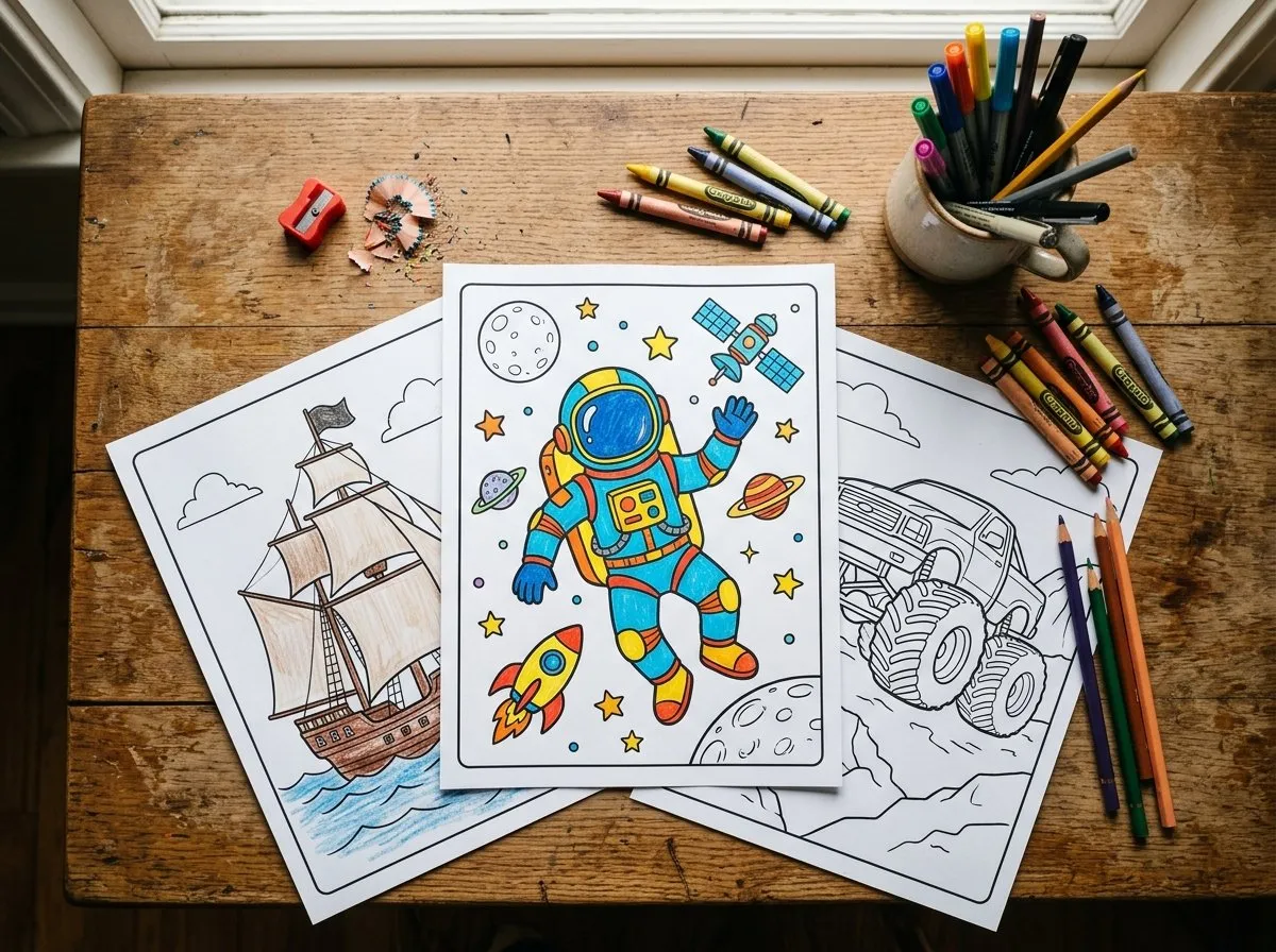 An astronaut coloring page colored in with felt tips, with a pirate ship and a monster truck page underneath, on a rustic wooden table