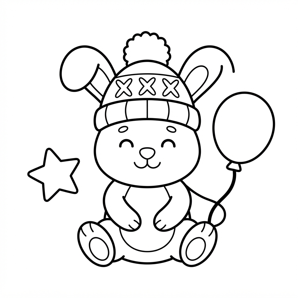 Easy Bunny Coloring Page — Wearing a Knitted Hat