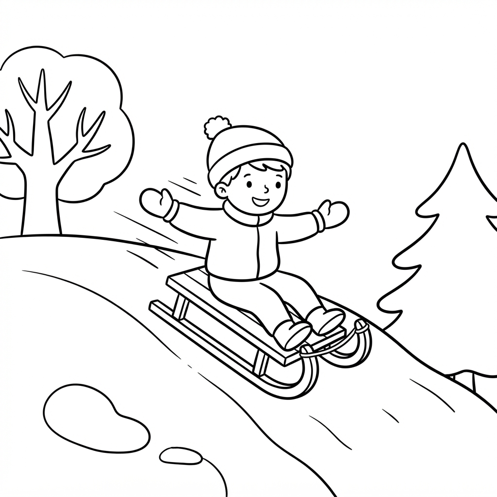 Easy Sled Coloring Page — Riding Down a Snowy Hill