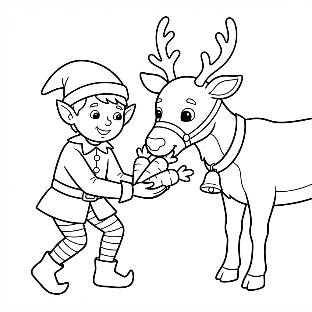 Elf Coloring Page — Feeding the Reindeer