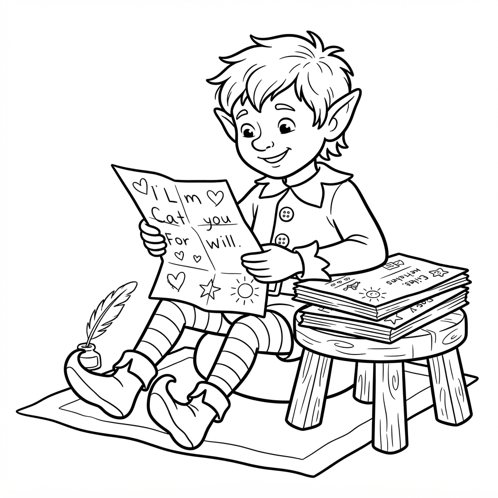 Elf Coloring Page — Reading Letters from Children