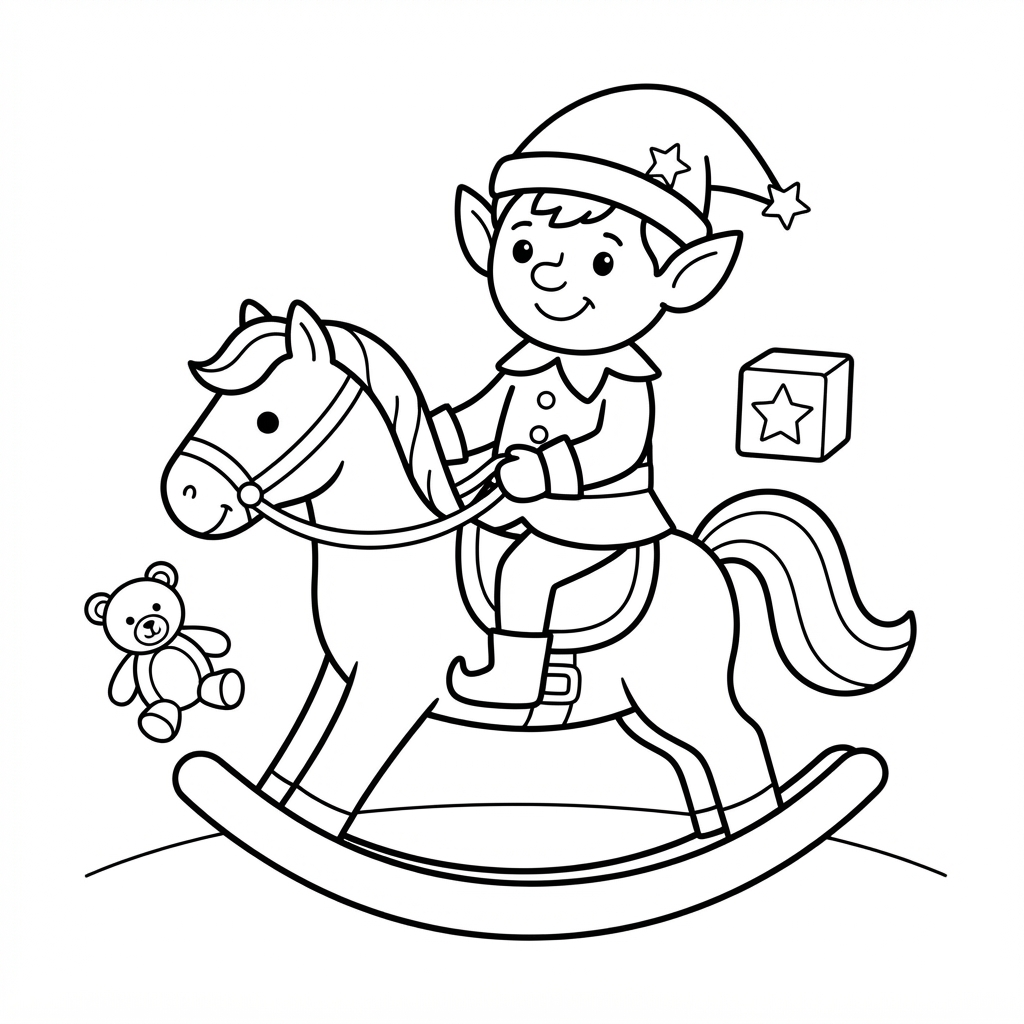 Easy Elf Coloring Page — Riding a Wooden Rocking Horse