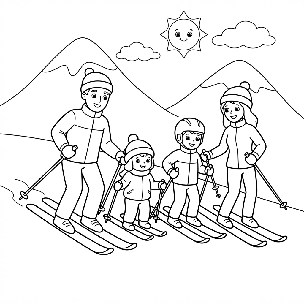 Family Skiing Coloring Page — Down a Snowy Mountain