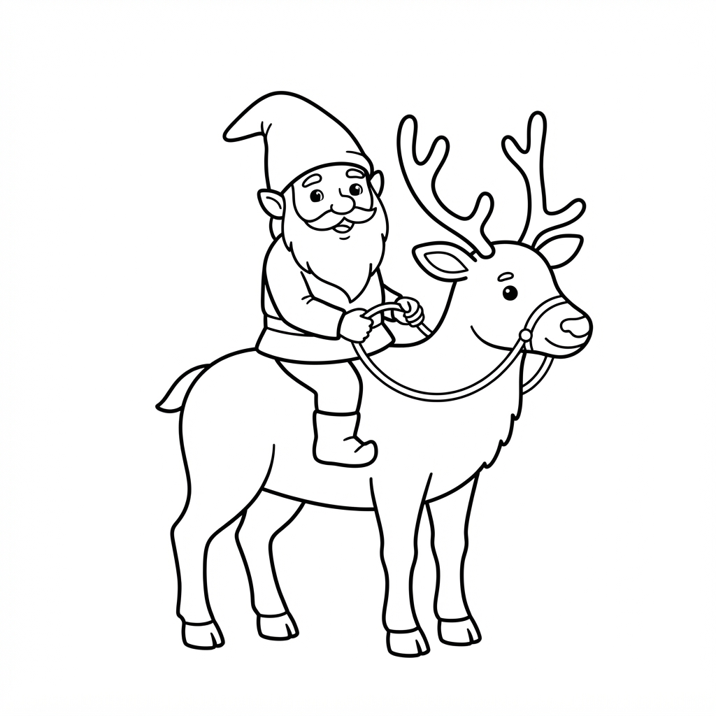 Gnome Coloring Page — Riding a Reindeer