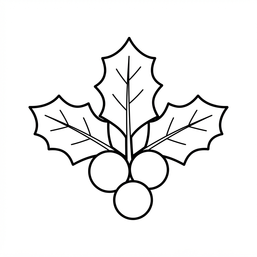Easy Holly Coloring Page — Simple Leaves with Three Berries