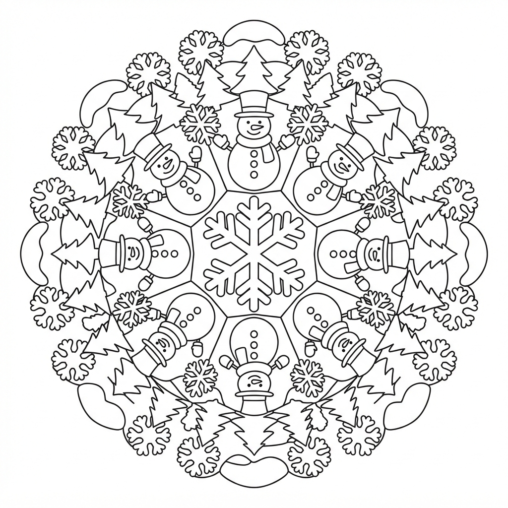 Snowman Coloring Page for Adults — Surrounded By Snowflakes