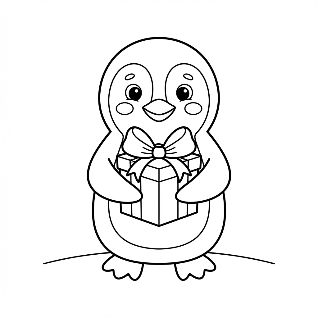 Easy Penguin Coloring Page — Holding a Wrapped Present on Sn