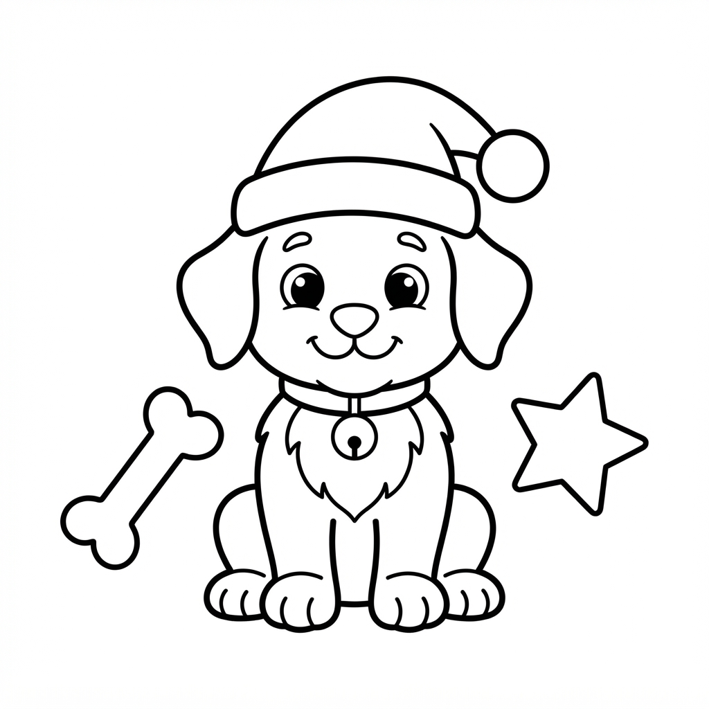 Easy Dog Coloring Page — Wearing a Santa Hat