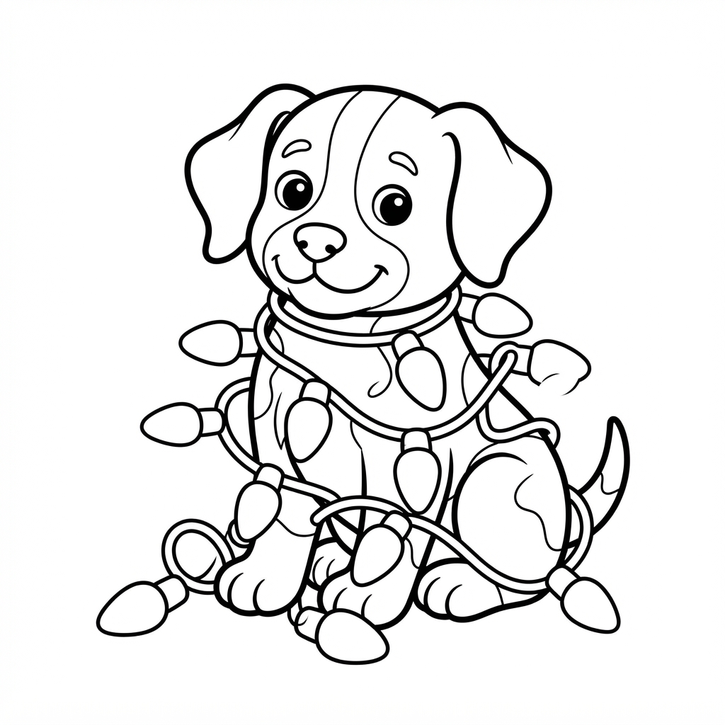Easy Dog Coloring Page — Tangled in Christmas Lights