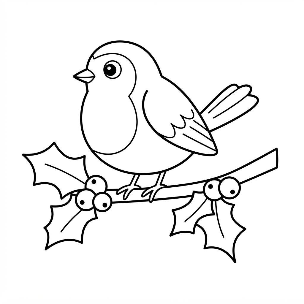 Easy Robin Coloring Page — Perched on a Holly Branch