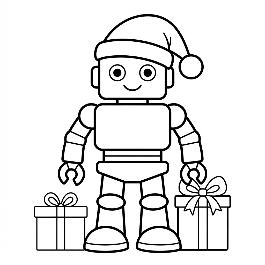 Easy Robot Coloring Page — Wearing a Santa Hat