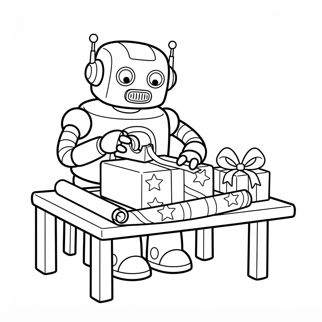 Robot Coloring Page — Wrapping Christmas Presents