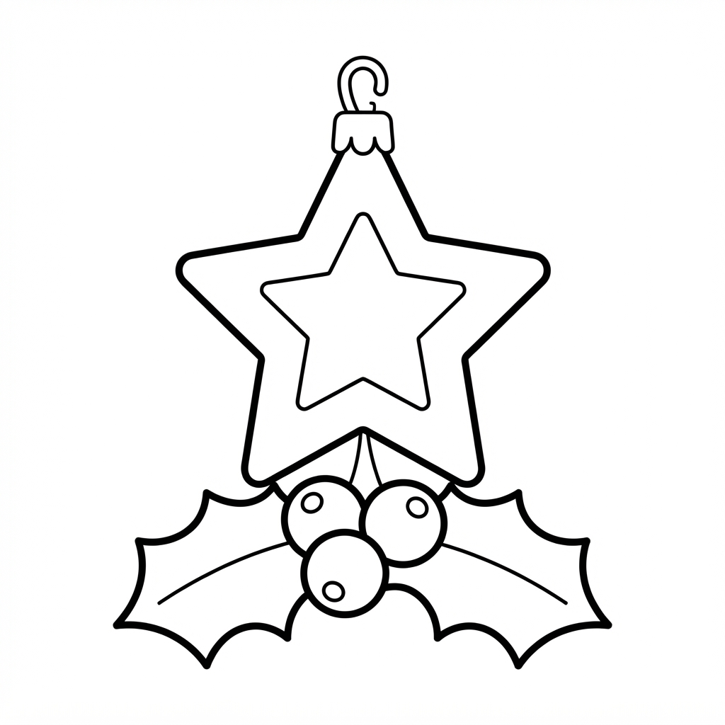 Easy Ornament Coloring Page — Star Shaped with Holly Berries
