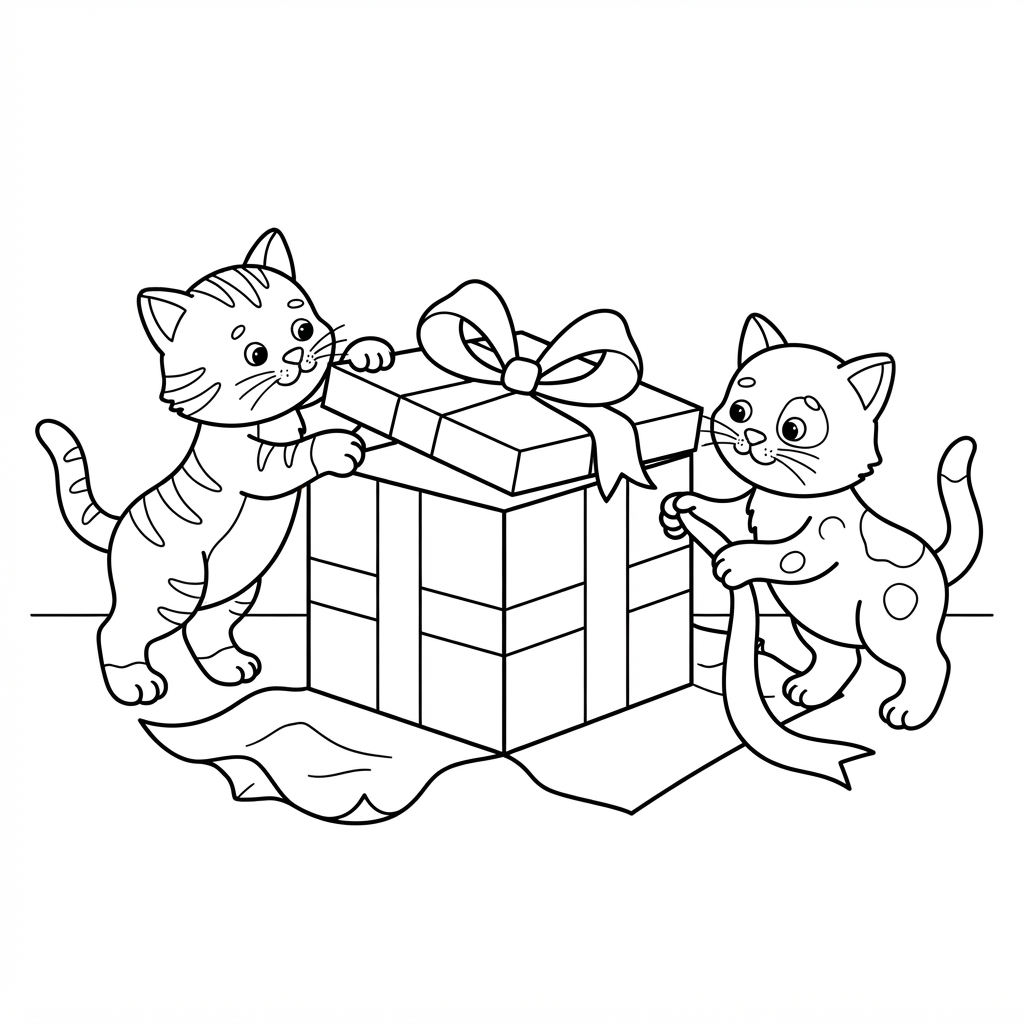 Kitten Coloring Page — Unwrapping a Present