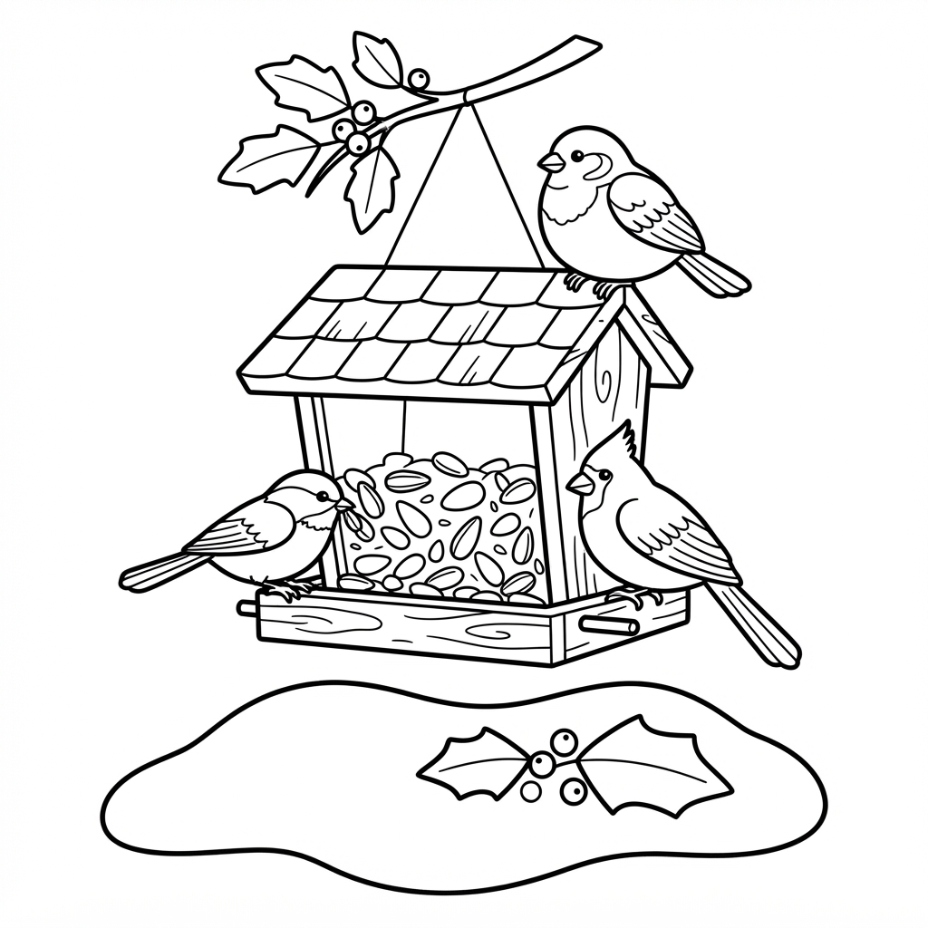 Bird Feeder Coloring Page — With Small Birds and Snow