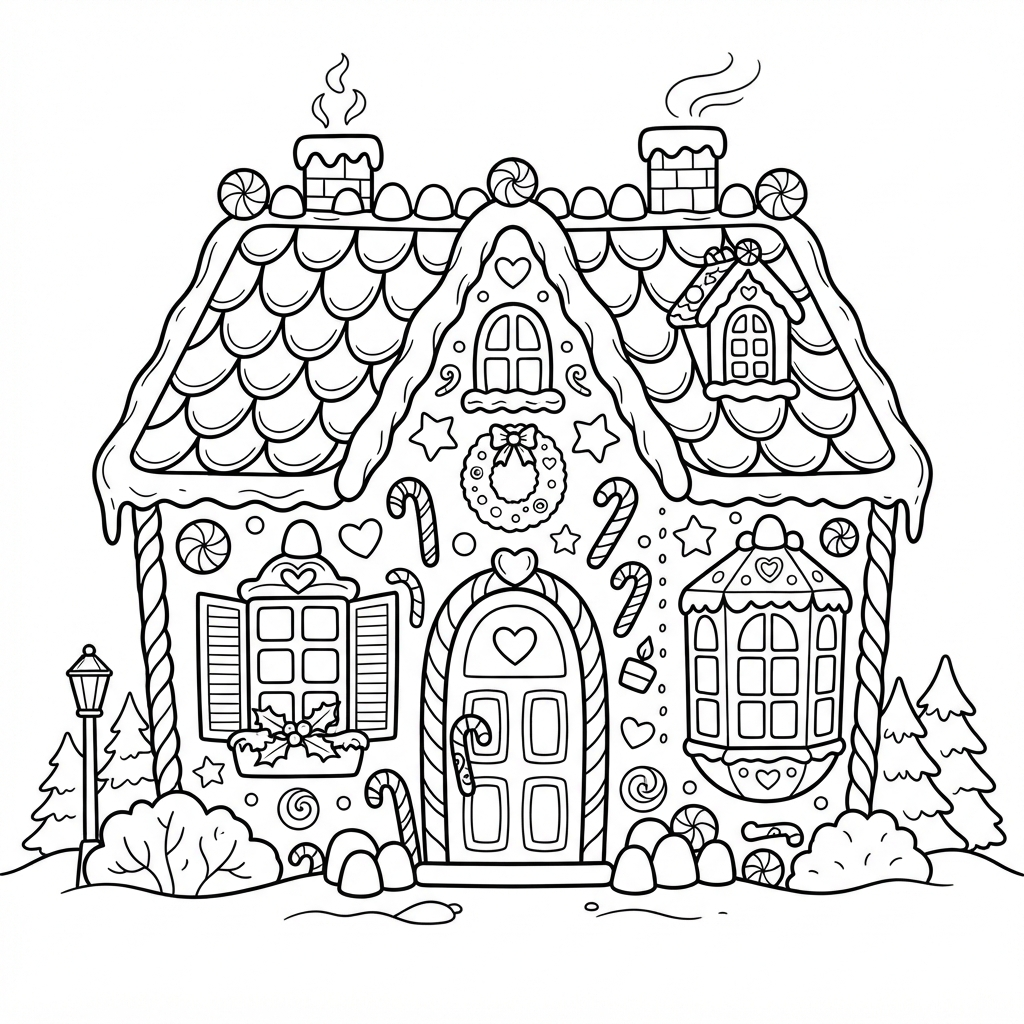 Gingerbread House Coloring Page for Adults — With Frosted Ro