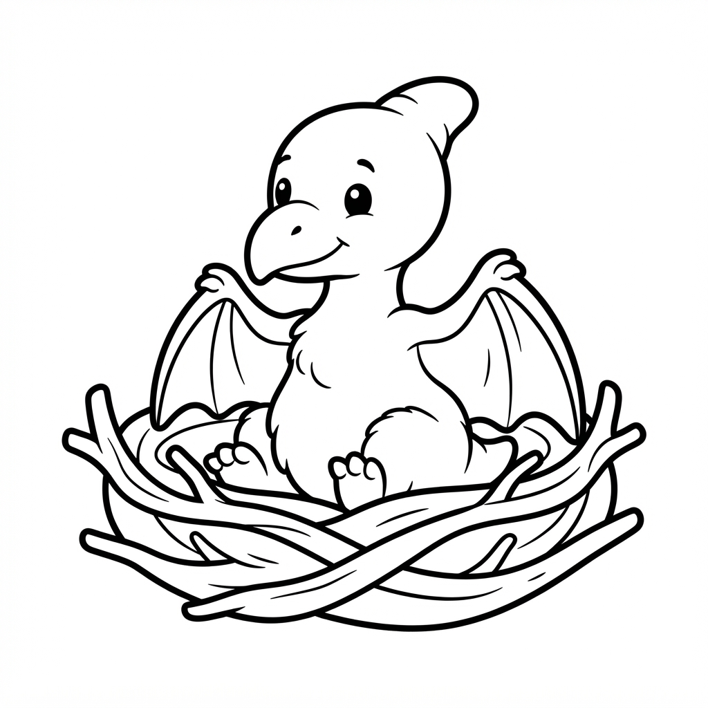 Easy Pterodactyl Coloring Page — Baby Hatching in a Nest