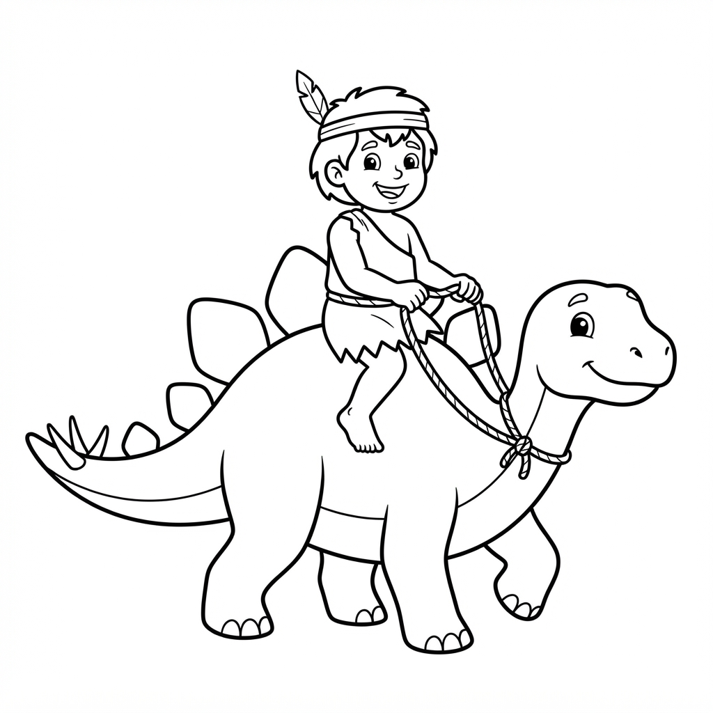 Dinosaur Coloring Page — Cave Boy Riding Stegosaurus