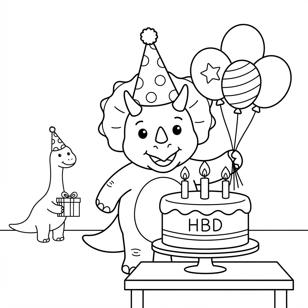 Dinosaur Coloring Page — Birthday Party with Cake and Balloo