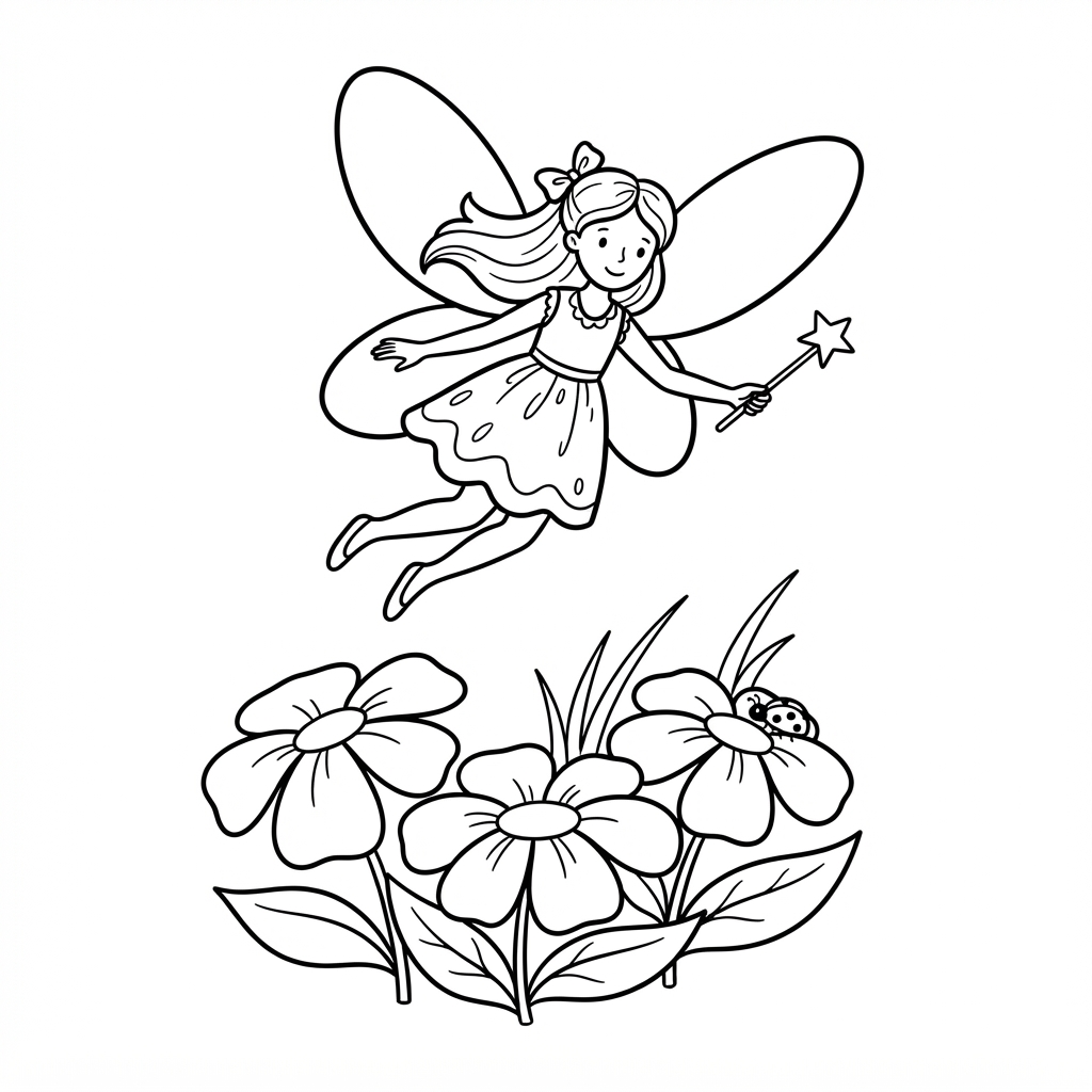 Fairy Coloring Page — Flying Over Flowers with Wand