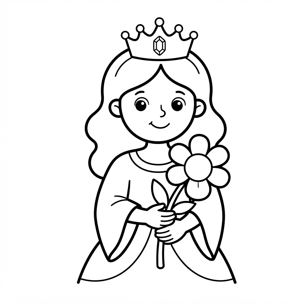 Easy Princess Coloring Page — Wearing a Crown and Holding a 