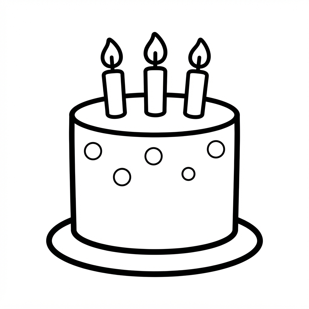 Easy Cake Coloring Page — Three Lit Candles and Polka Dots