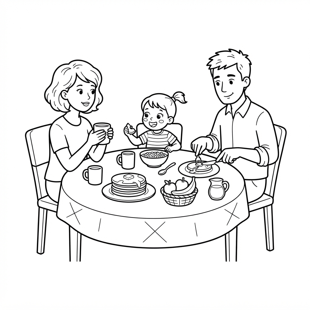 Food Coloring Page — Eating Pancakes at a Table
