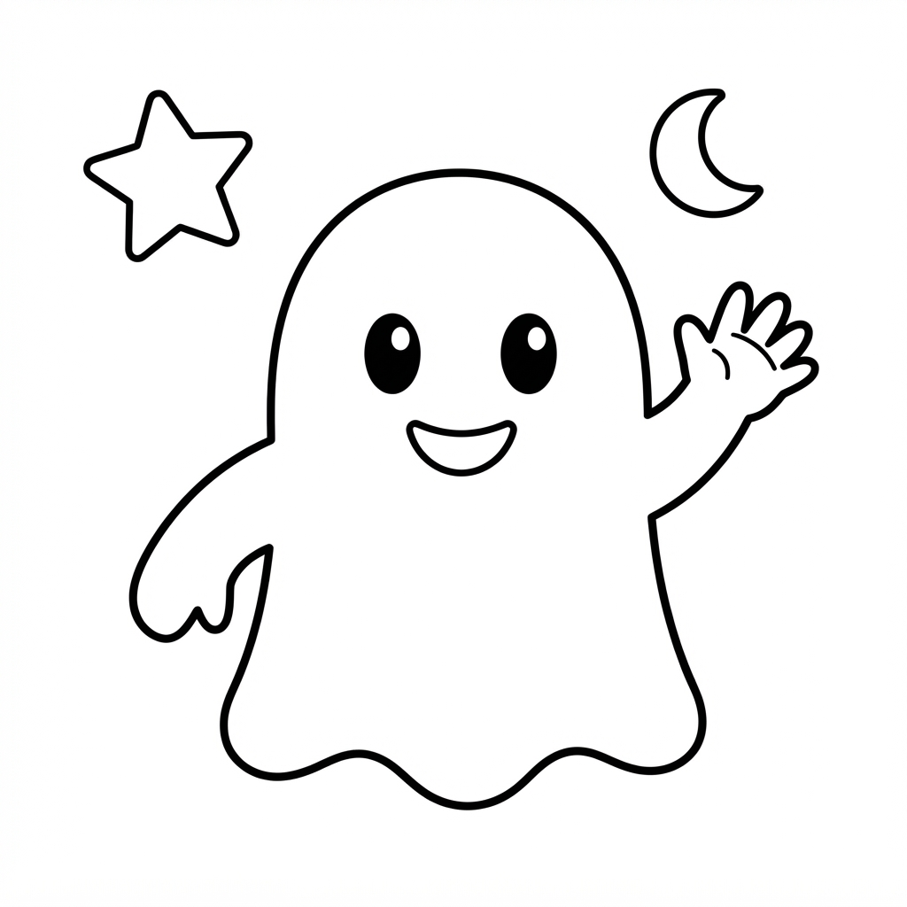 Easy Ghost Coloring Page — Waving Hello Under a Moon