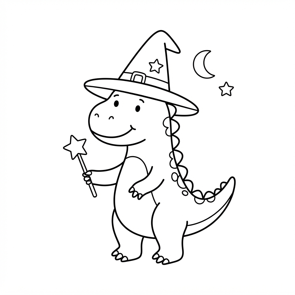 Easy Dinosaur Coloring Page — Wearing a Witch Hat