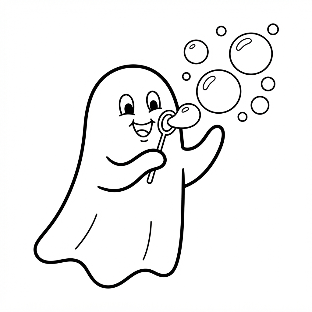 Easy Ghost Coloring Page — Blowing Bubbles with a Wand