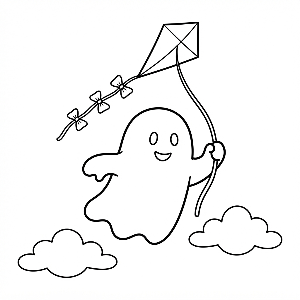 Ghost Coloring Page — Flying a Kite Above Clouds