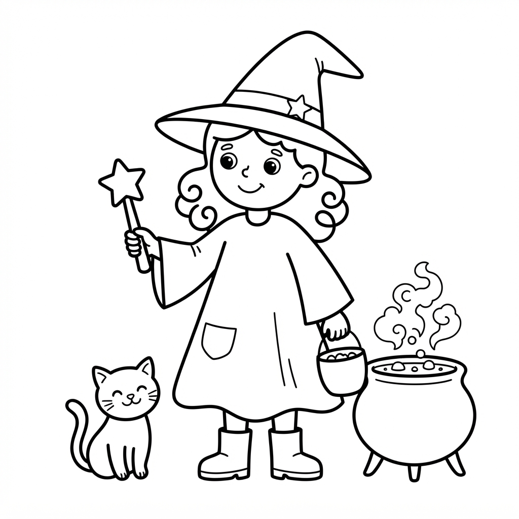 Easy Witch Coloring Page — With a Cat and Cauldron