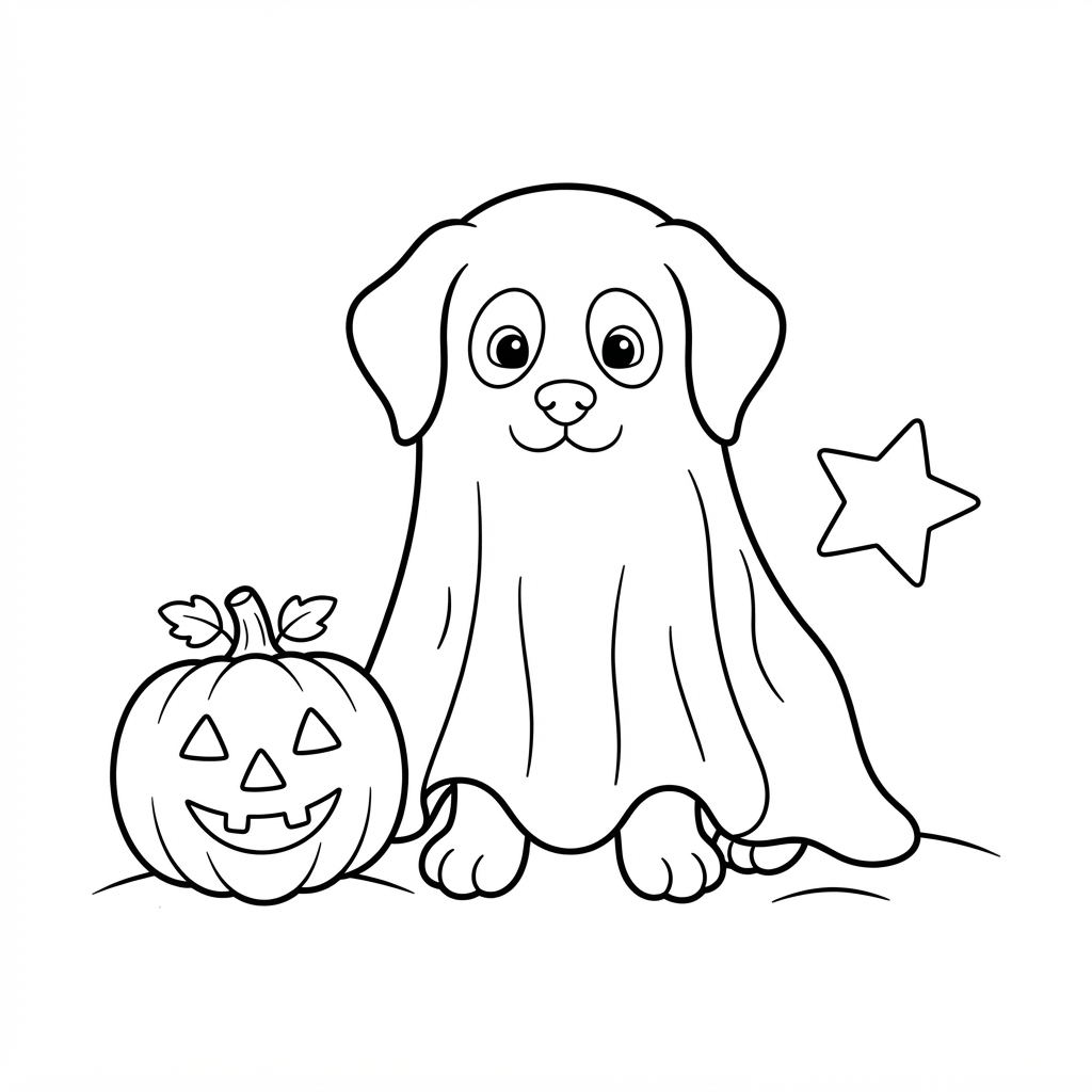 Easy Dog Coloring Page — Wearing a Ghost Costume