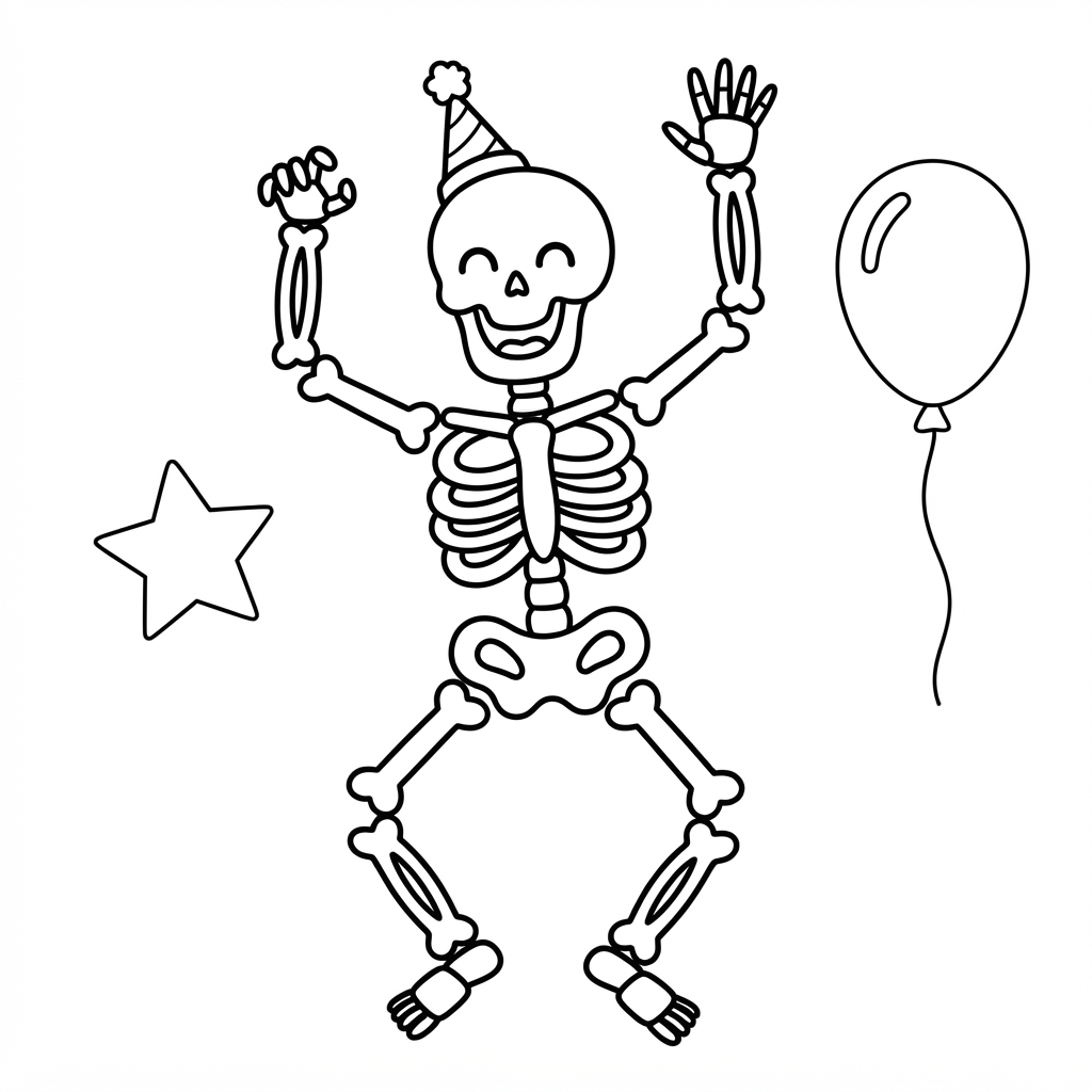 Easy Skeleton Coloring Page — Wearing a Party Hat Dancing