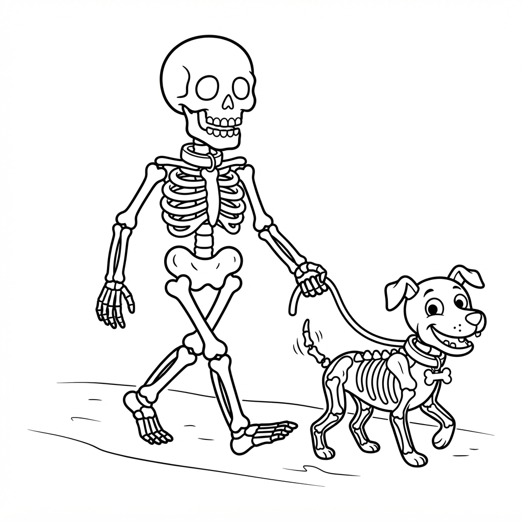 Skeleton Coloring Page — Walking a Dog on Leash