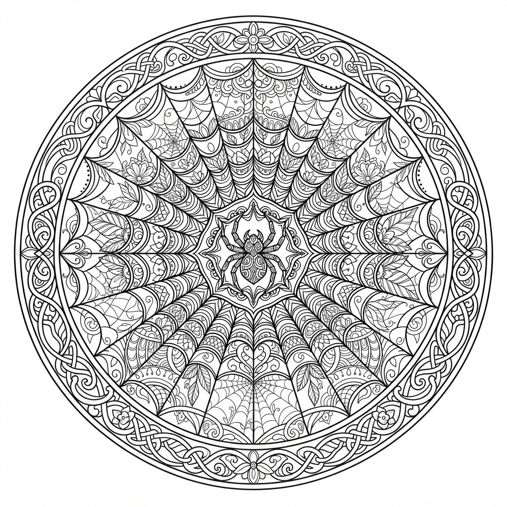 Spider Web Coloring Page — Intricate Mandala Design