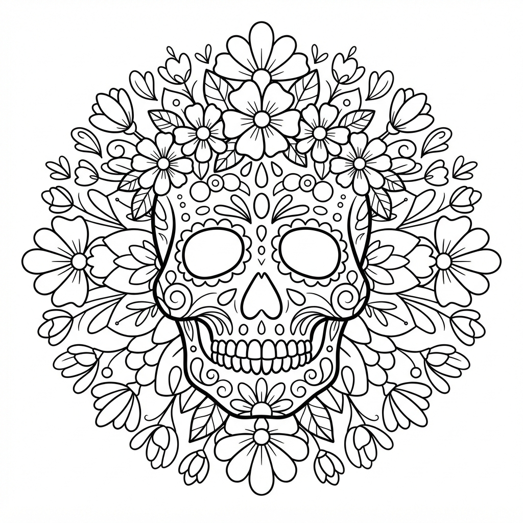 Sugar Skull Coloring Page for Adults — Mandala With Flowers