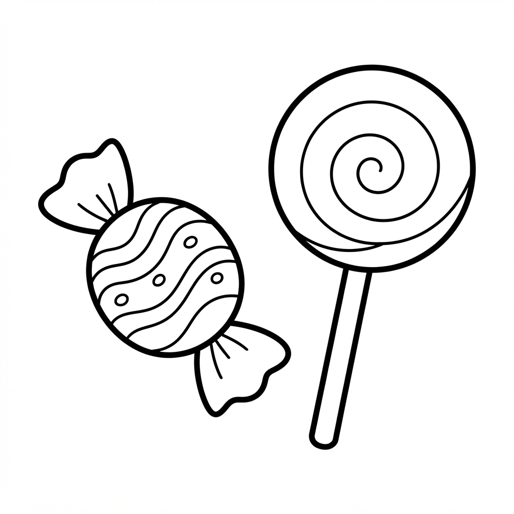 Easy Candy Coloring Page — Wrapped Sweet and a Lollipop