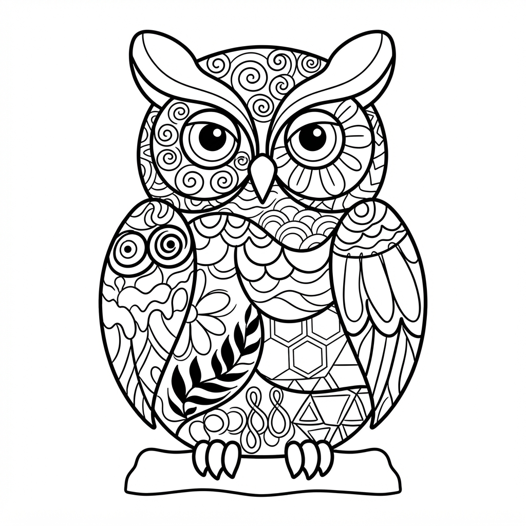 Owl Coloring Page for Adults — Sitting on a Branch