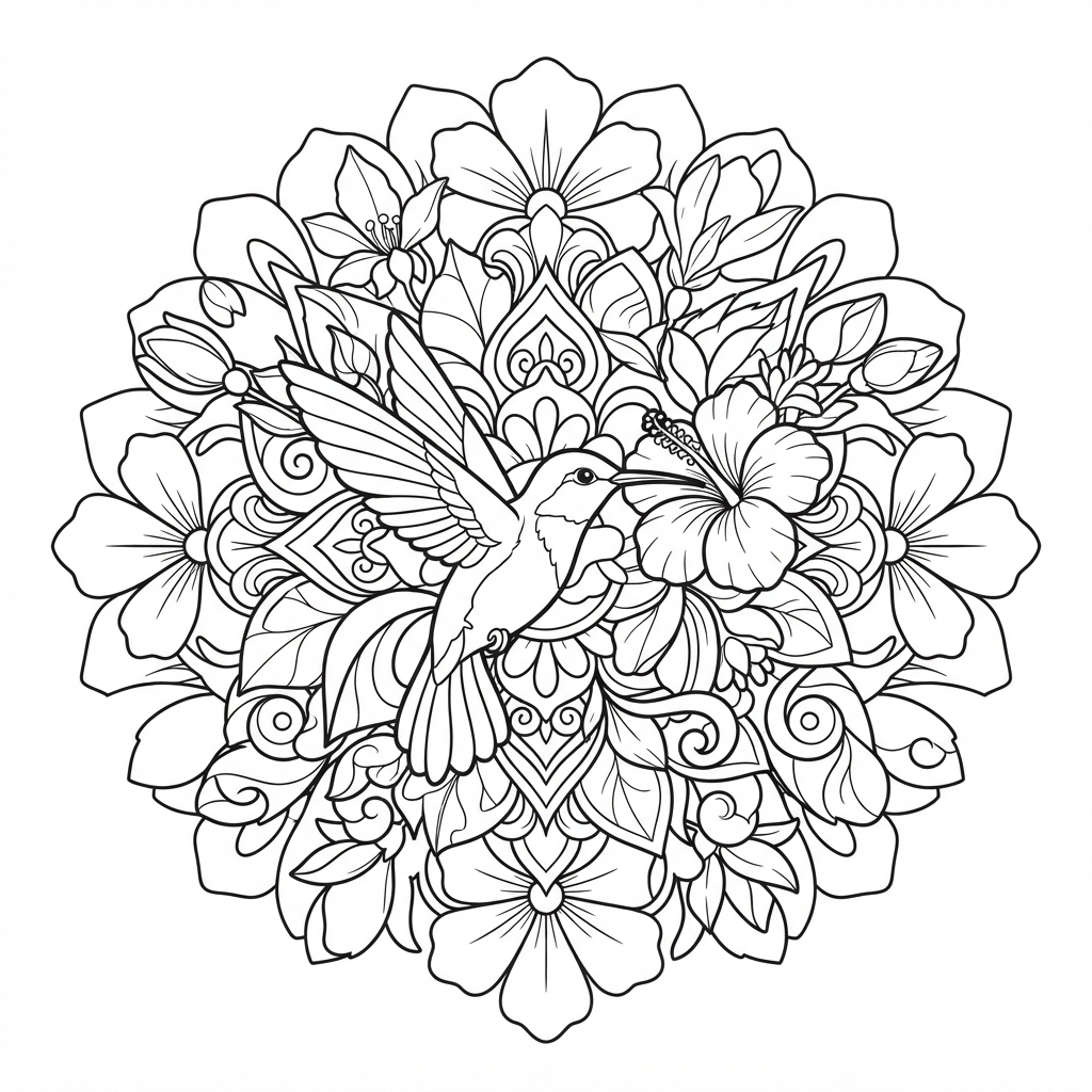 Animal Mandala Coloring Page for Adults — Hummingbird Flying